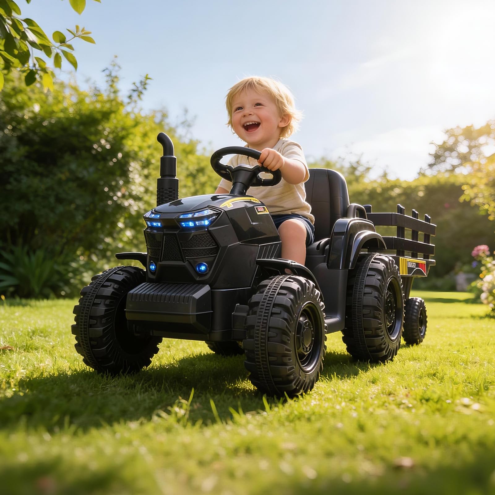 Kids Outdoor Ride On - 12V Çocuklar İçin Römorklu Traktör, Çift